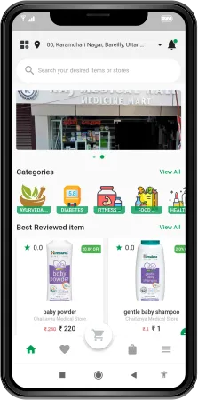 Online pharma store app for shopping, payments, and delivery.